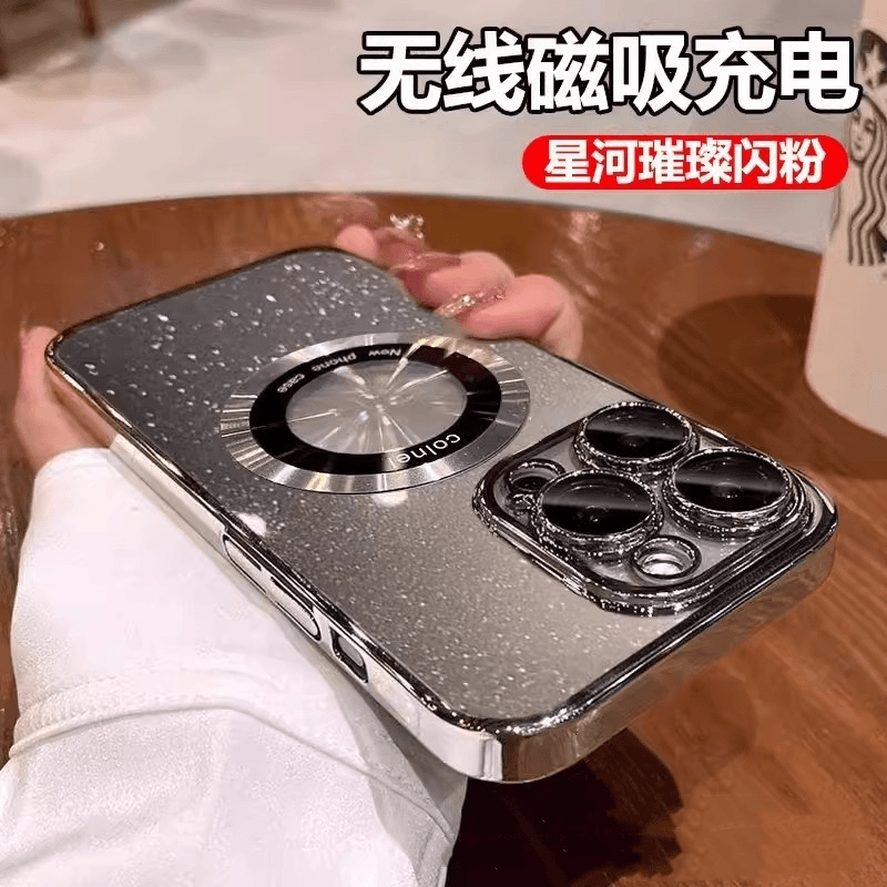 电镀闪粉星空磁吸适用iPhone15手机壳全包镜头膜苹果14透明PC硬套