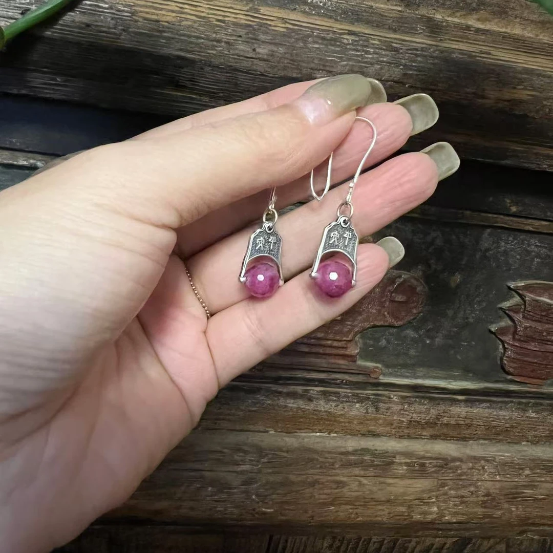 925银珐琅耳饰 茶语-平安喜乐红宝宝耳挂一对