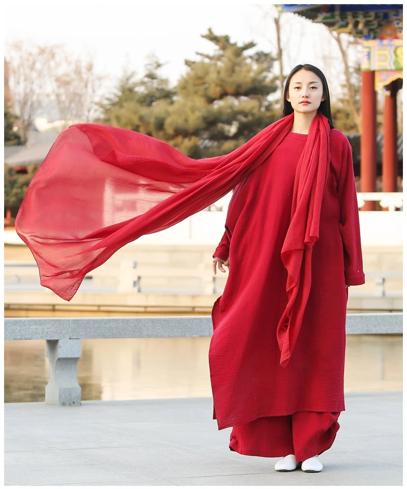 中式禅意女装唐装民族风禅服禅舞服装红色茶服连衣裙秋冬四件套