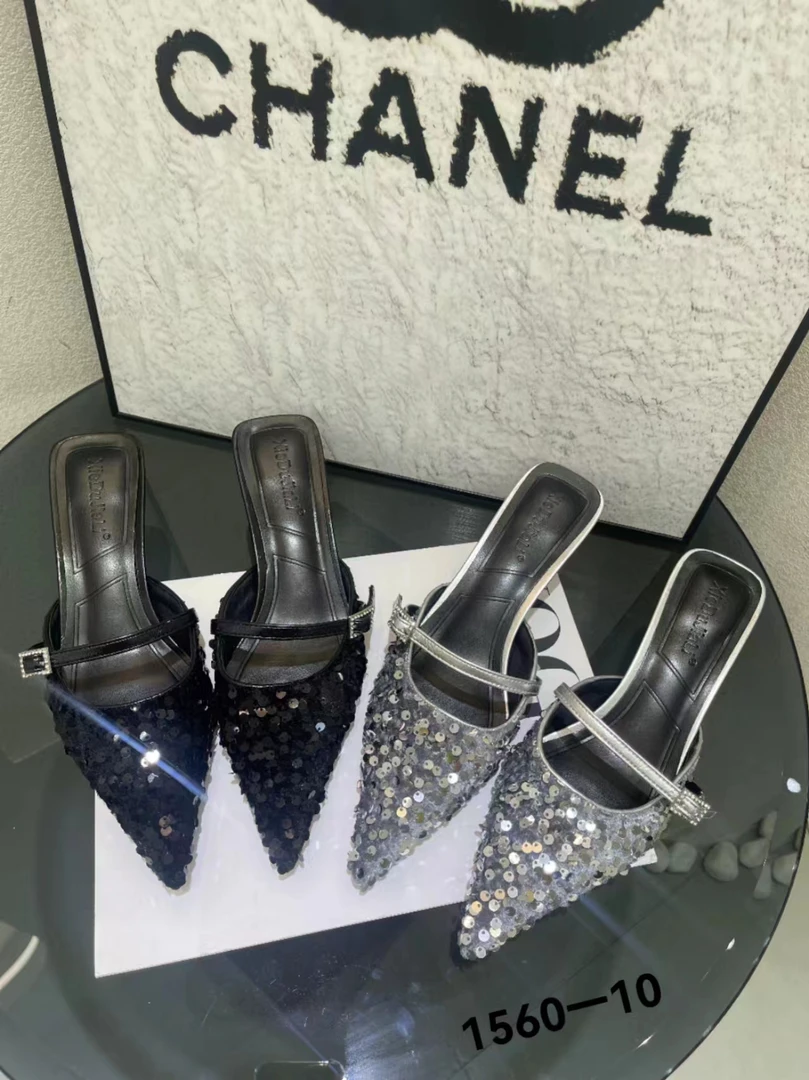 1560-10 法式小香风亮片高跟包头外穿春夏绝美尖头粗跟凉拖