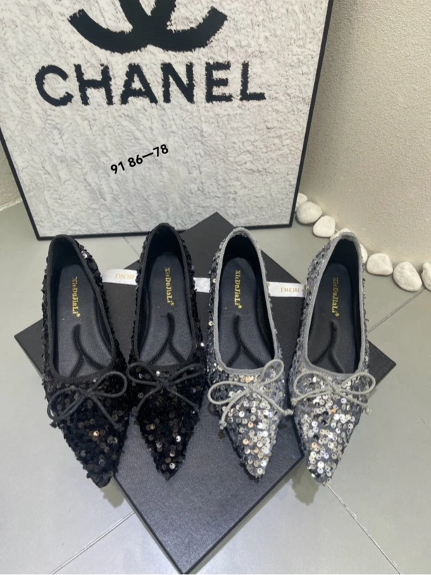 9186-78 小香风法式亮片蝴蝶结百搭鞋子舒适软底尖头平底鞋