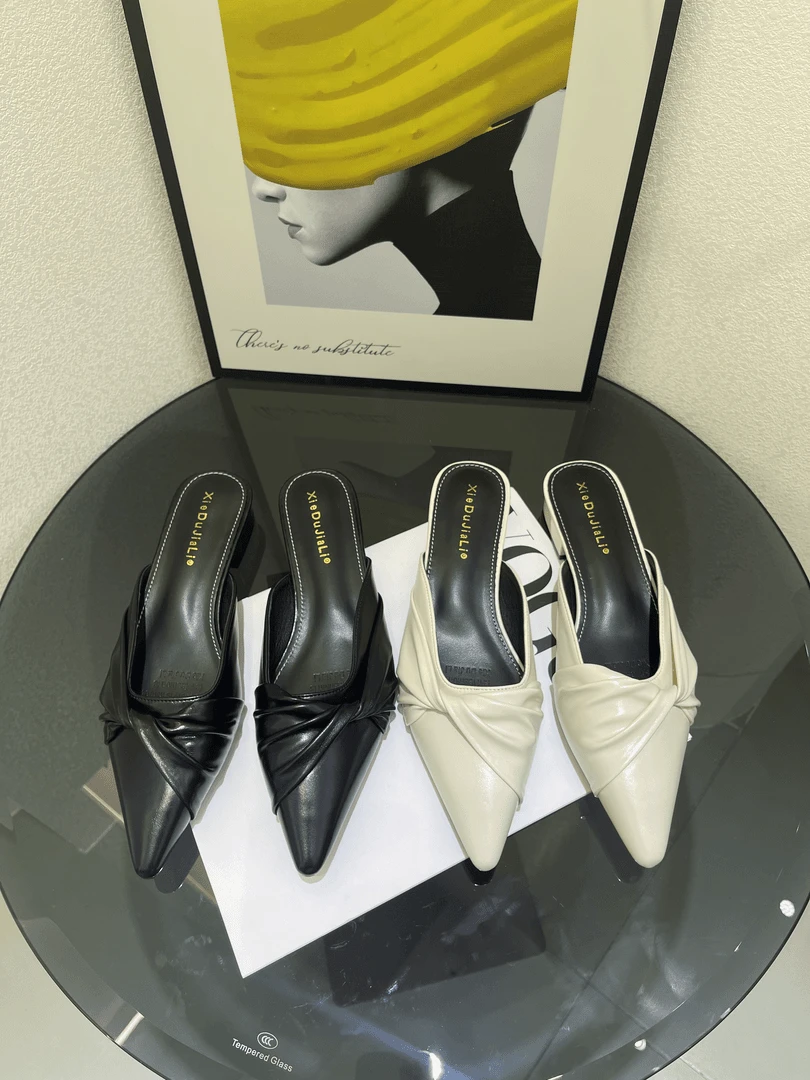 130-1 尖头法式半拖鞋女复古扭结一脚蹬无后跟外穿穆勒托鞋