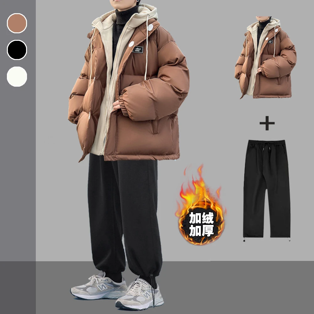 假两件棉服男士套装冬季保暖棉衣韩版一套港风帅气加厚棉袄两件套