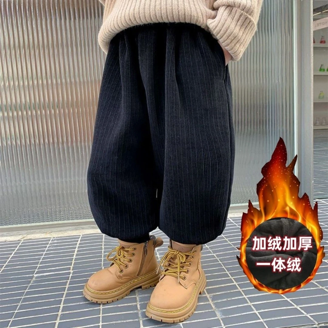 男童裤子春秋冬装2023新款儿童冬装冬季加厚一体绒灯芯绒运动长裤