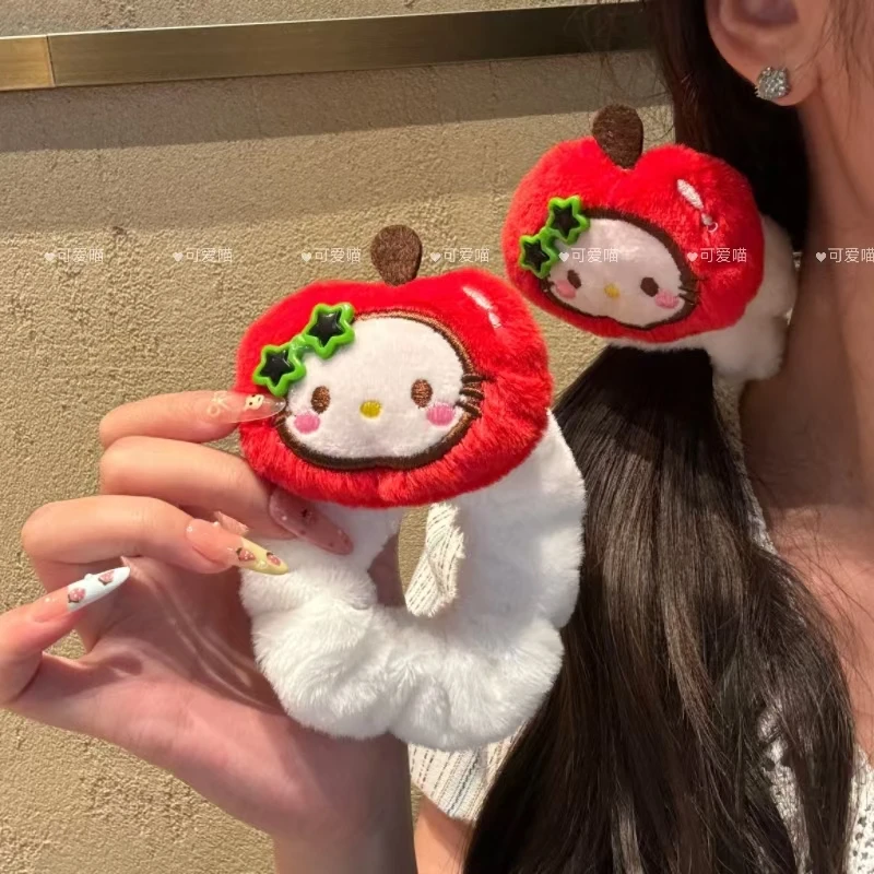 可爱毛绒苹果Kitty大肠发圈头绳甜美蝴蝶结少女刘海卡通发饰百搭