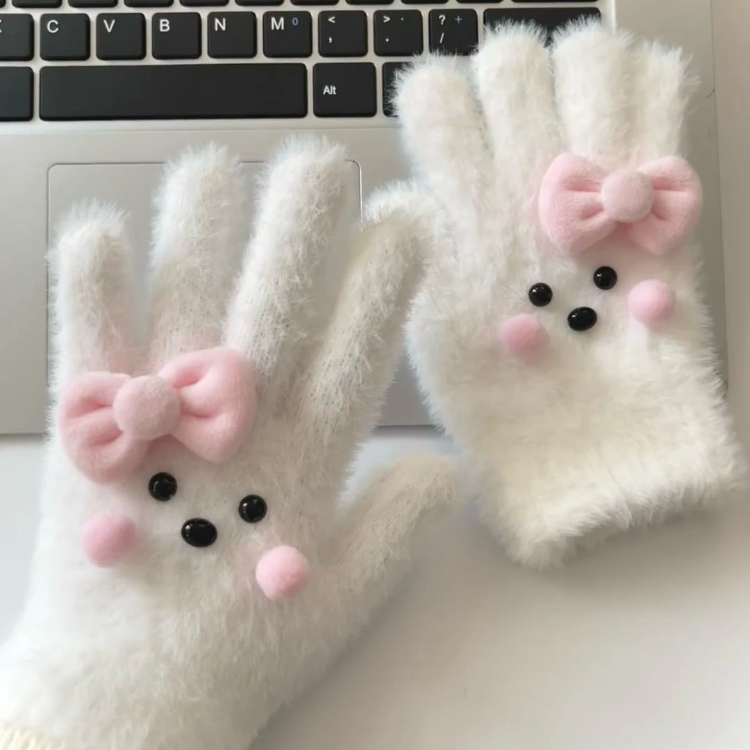 可爱蝴蝶结腮红毛绒小狗手套女冬季毛绒骑行保暖分指防寒五指手套