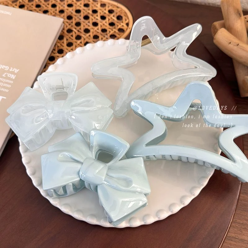 法式甜心奶油蓝色蝴蝶结五角星抓夹少女发抓盘发鲨鱼夹后脑勺发饰