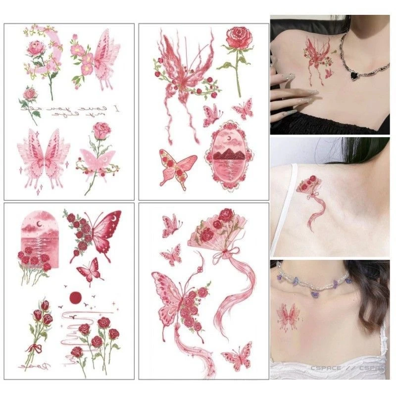 日落玫瑰海 油画粉色蝴蝶玫瑰纹身贴花月少女之诗防水清新纹身贴