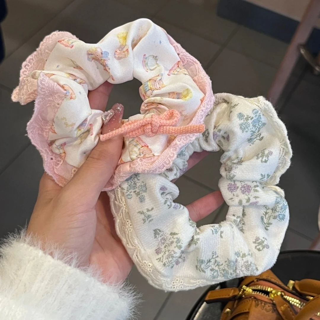 法式蕾丝清新白底碎花大肠发圈发绳大号蕾丝边博主同款秋冬百搭