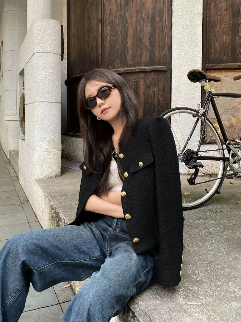 【黑金外套】黑色小香风外套女高级感气质5扣短款粗花呢外套