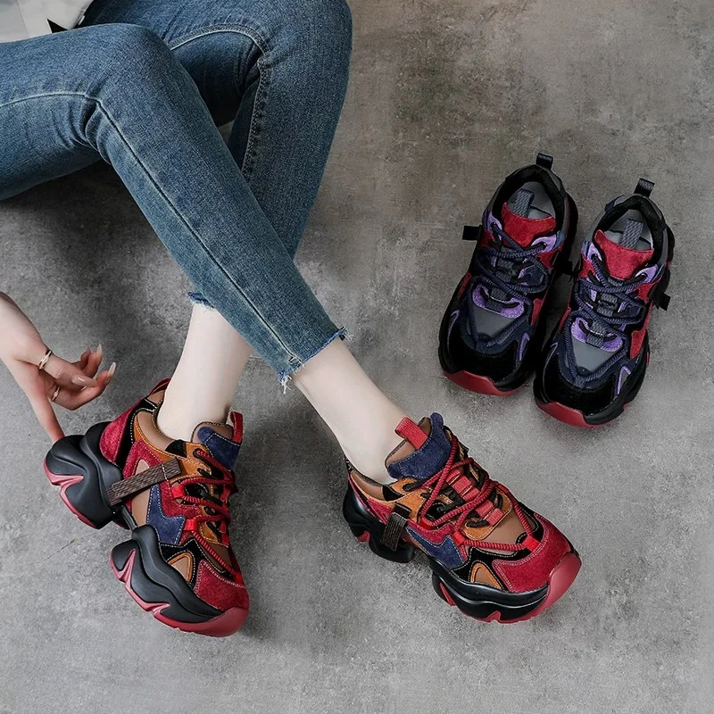 万达撤柜头层牛皮老爹鞋2025秋冬新款百搭显高小个子复古运动鞋潮