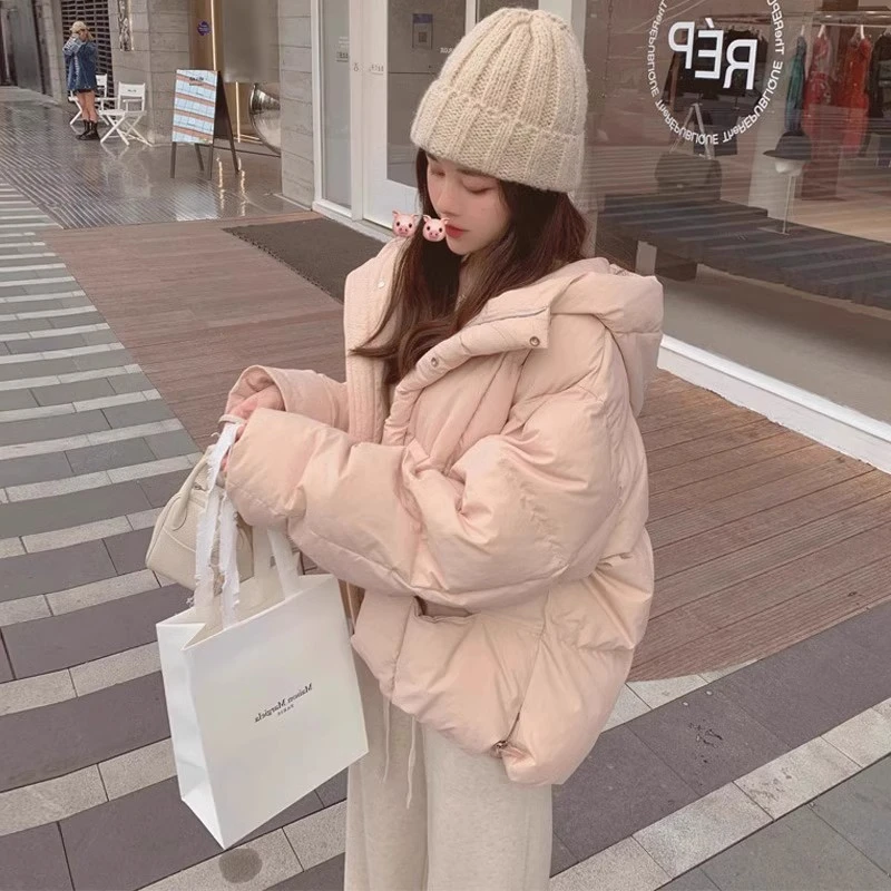粉色短款连帽羽绒棉服女2024冬新款韩版小个子宽松学生面包服棉衣
