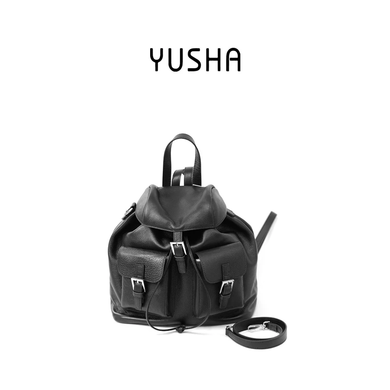 YUSHA/高档黑色双口袋双肩包-5096
