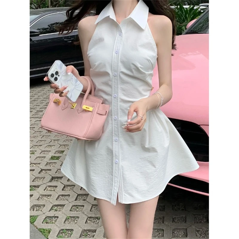 POLO领挂脖背心连衣裙女装夏季2024新款收腰显瘦粉色A字短裙裙子