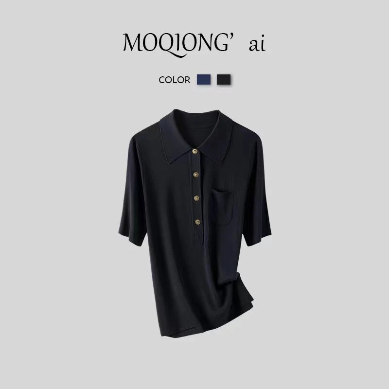 【墨琼】“极简未知数”女款针织T恤短袖衬衣领简约设计款7080