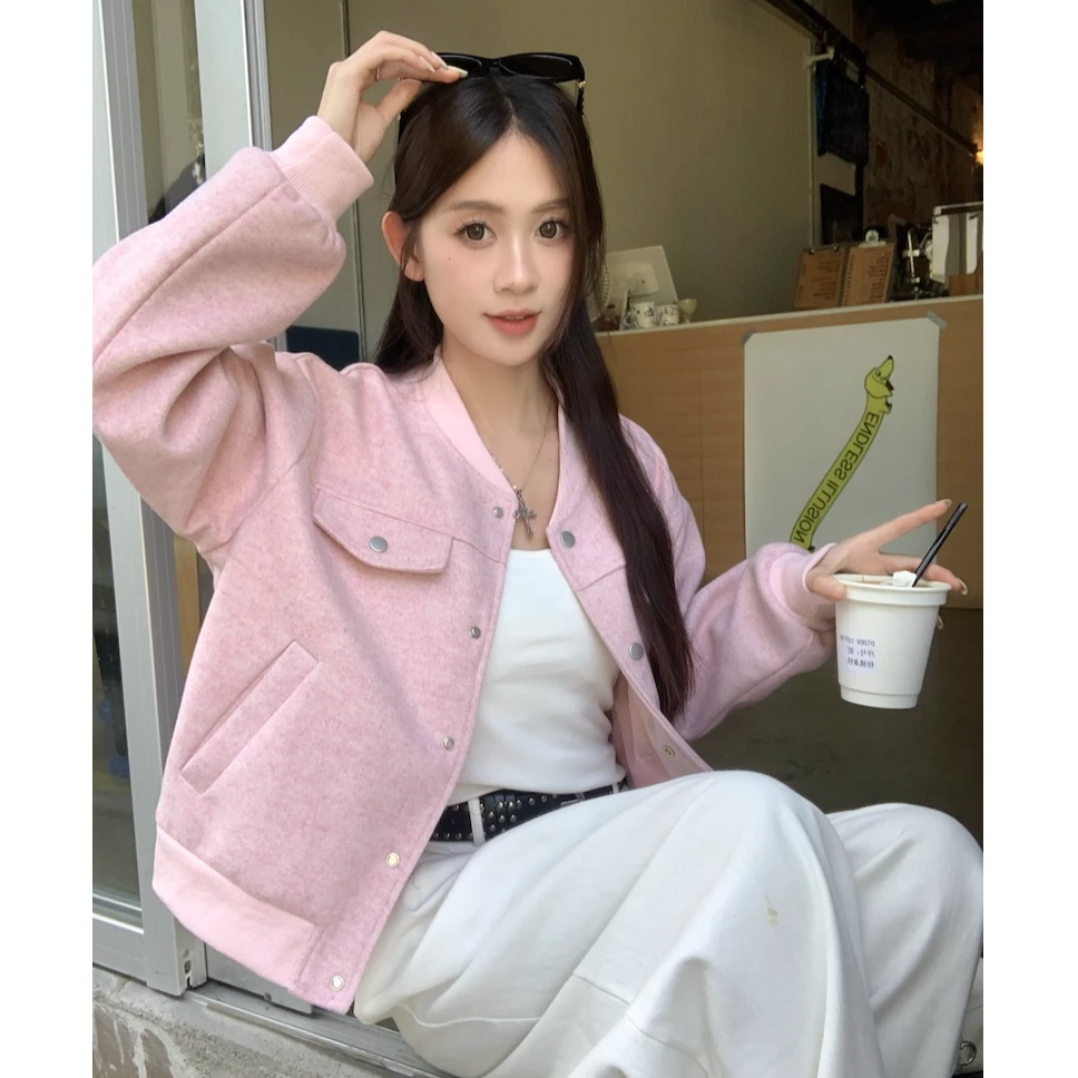 洋气上档次时尚粉色毛呢外套棒球服女秋季休闲短上衣小香风外套秋