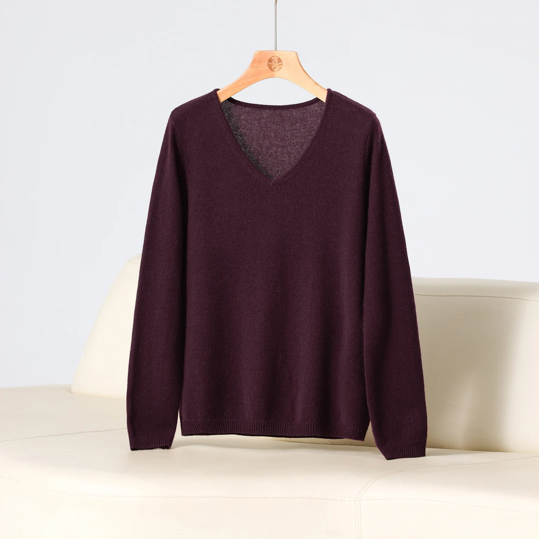 交朋友·烟花 喜歌羊绒 女士长袖V领纯色针织上衣打底衫 7515