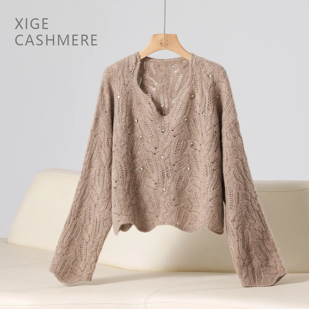 烟花【风花雪月-花】喜歌羊绒 时尚V领彩点气质女士针织衫 7595