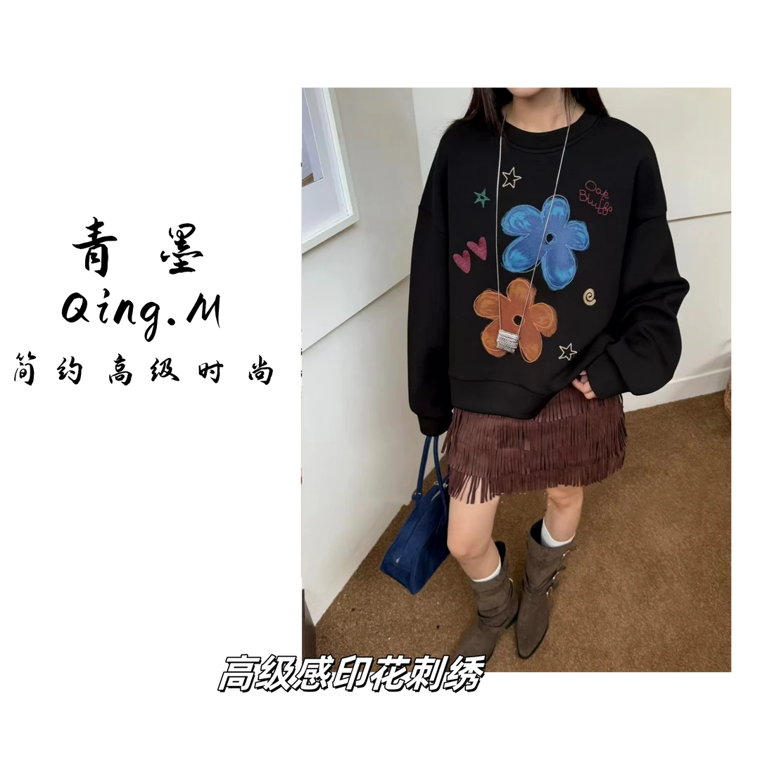 QING.M-【好看舒适】韩版冬季加绒款宽松休闲印花刺绣女士卫衣