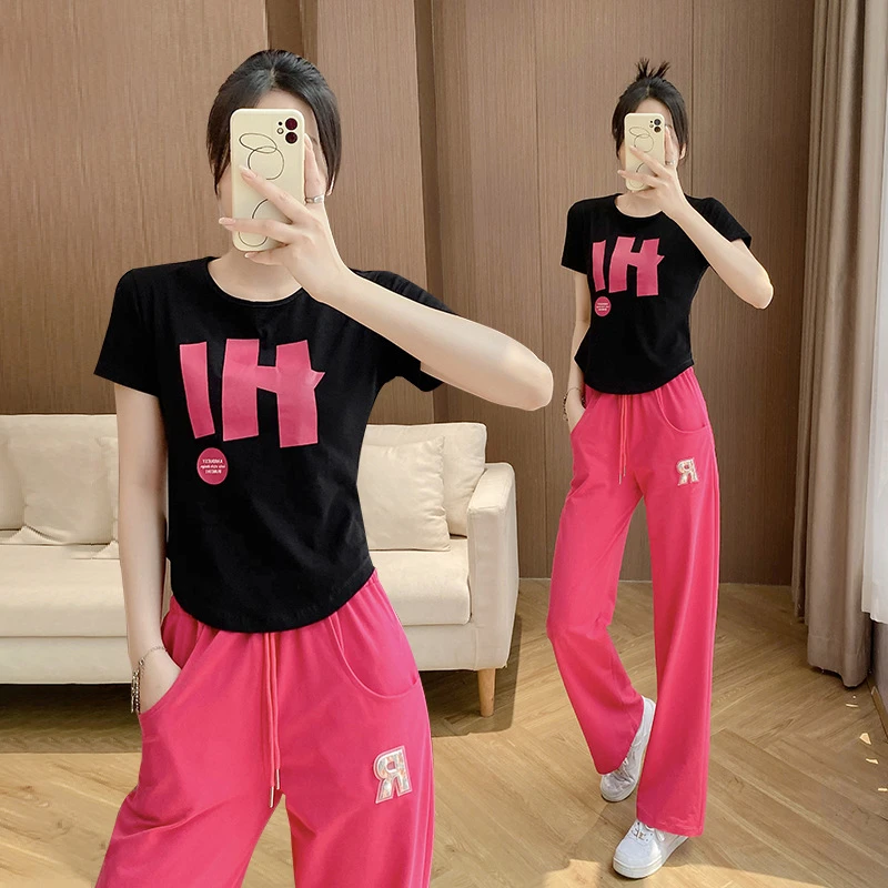 网红炸街运动风套装女夏2024新款欧洲时髦洋气玫红色阔腿裤两件套