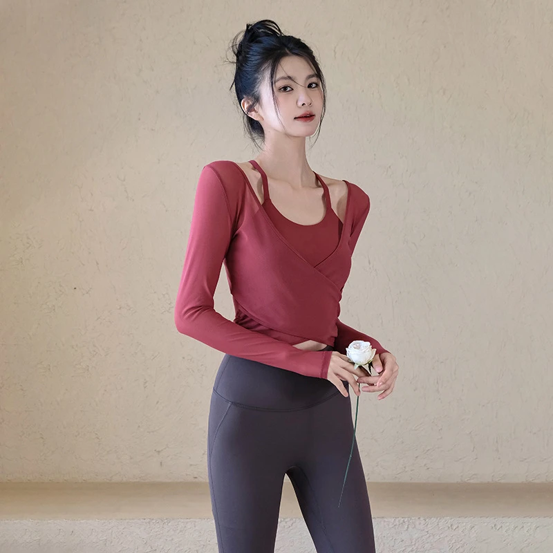 瑜伽服女秋冬季网纱带胸垫运动上衣高颜值长袖普拉提训练健身套装