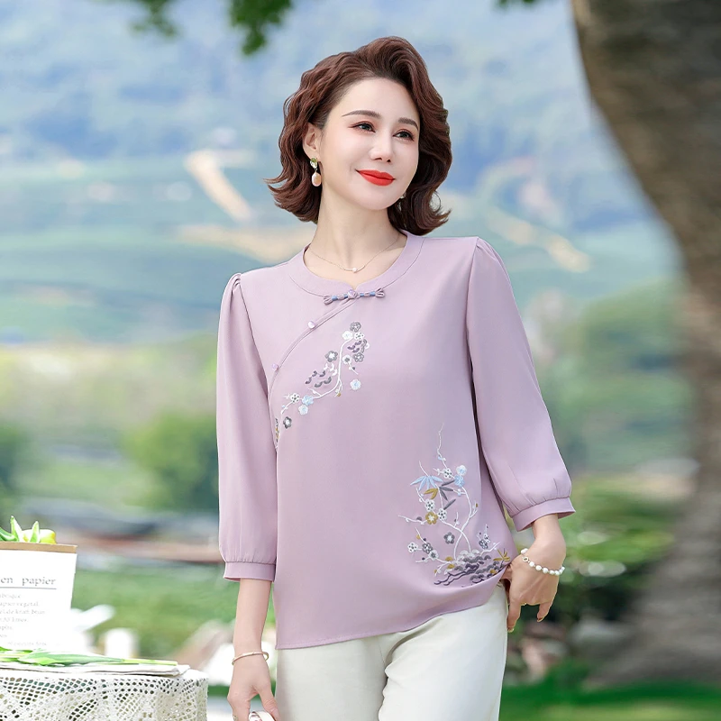 中年妈妈新中式春装中袖T恤上衣中老年女装夏装洋气复古盘扣小衫