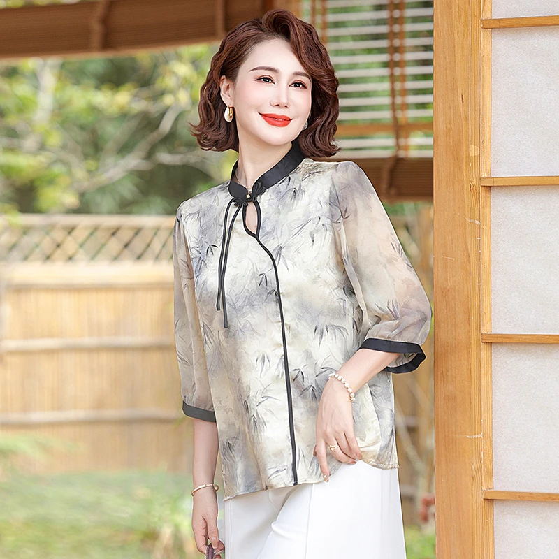 母亲节妈妈气质夏装年轻妇女雪纺衫短袖上衣新款中老年洋气女夏季