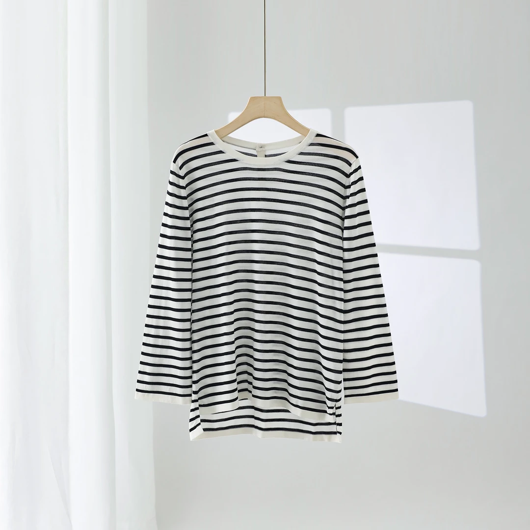 【北总严选】帕迪恩前短后长背扣条纹圆领打底T恤衫YH2415