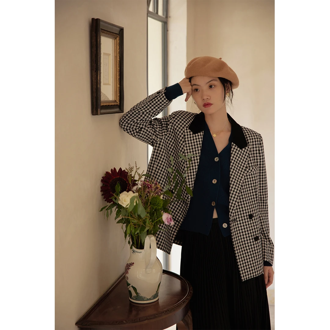 【清】solighter复古千鸟格咩毛西装外套气质收腰拼接领5E0821W13XQ