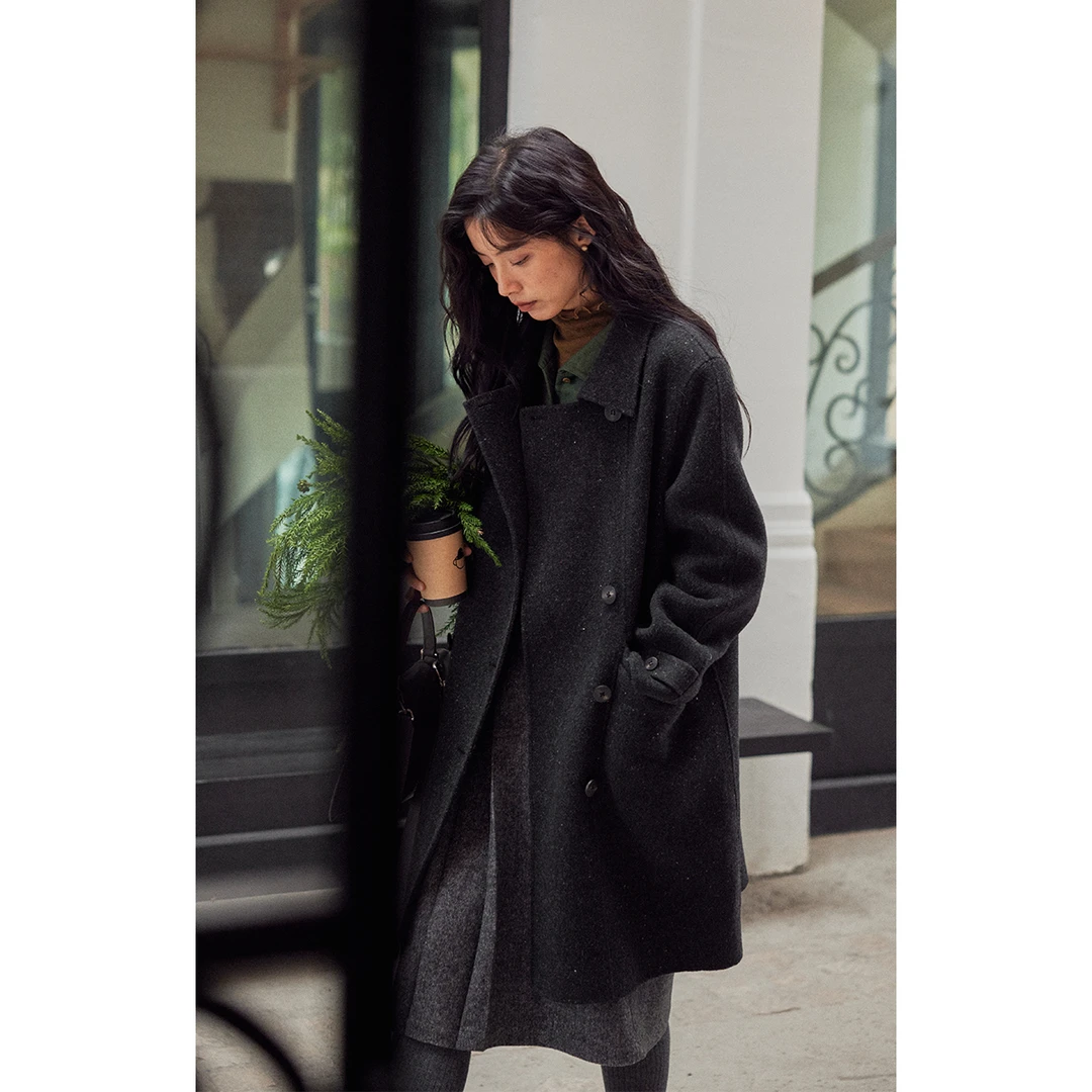 solighter法式翻领全羊毛双排扣大衣女秋冬5H1111D07X3