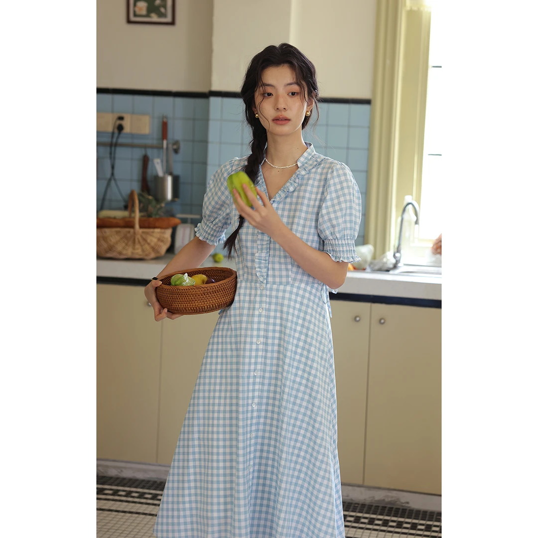 solighter 法式复古v领格子衬衫连衣裙夏季5H0520L15XX