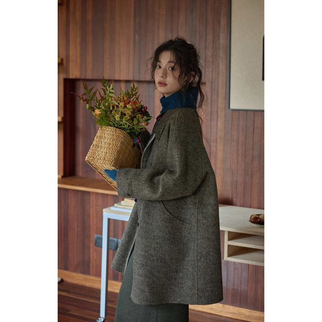 solighter 全手工桑蚕丝绵羊毛双面呢大衣女5H1006D16X1