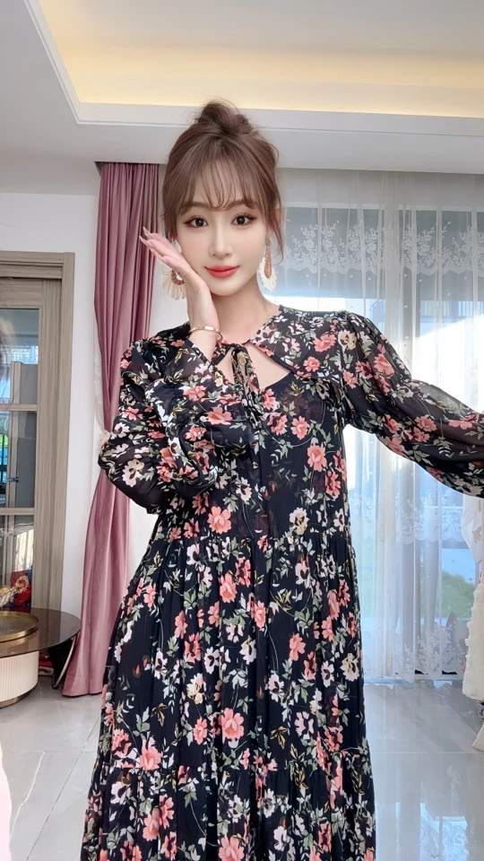 【谨颐私服】韩国雪纺红玫瑰花吊带连衣裙女夏季海边度假风显瘦裙子