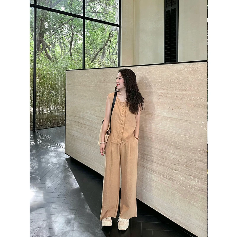 赛般 WenWen小个子时尚气质流速无袖上衣+松紧腰直筒裤两件套1433