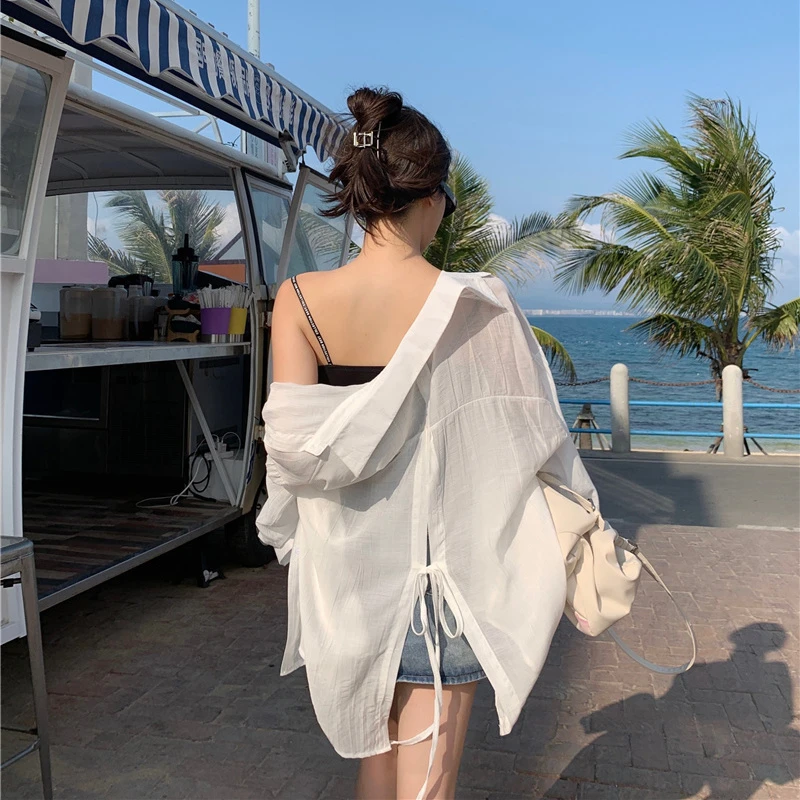 欧若风薄款长袖防晒衣女外穿2024年夏款设计感后背开叉衬衫