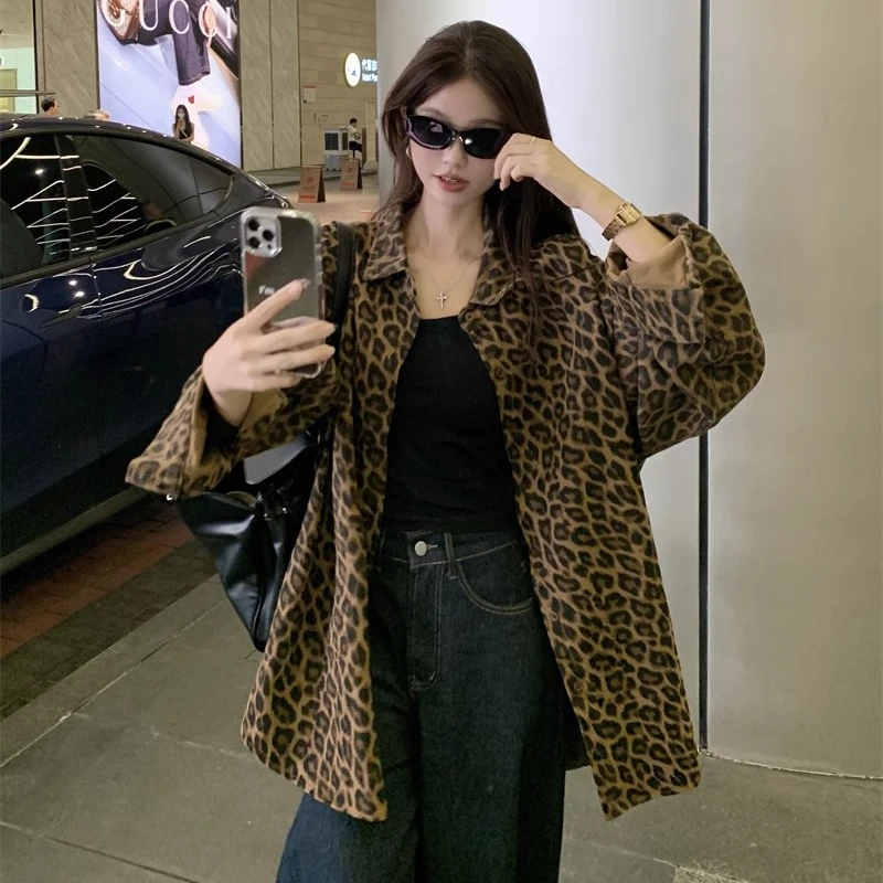 欧货豹纹印花衬衫外套女秋季中长款百搭立体宽松廓形港味上衣