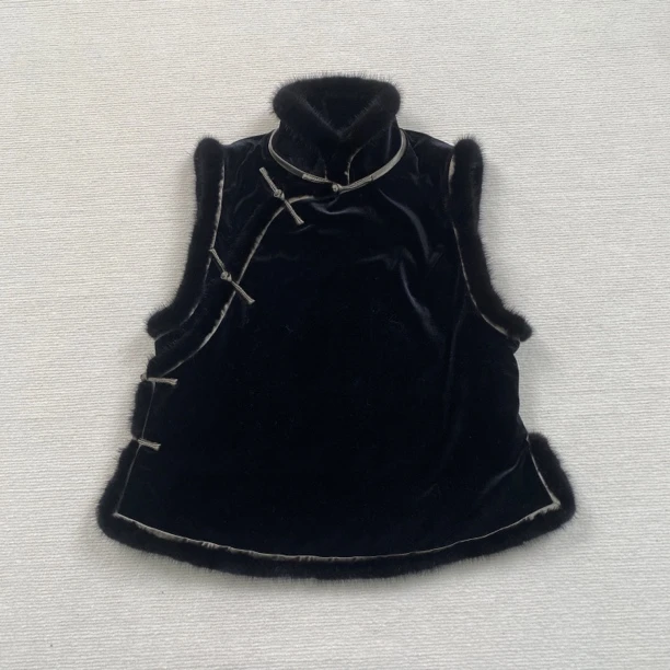 云饰图腾原创新中式国风女装新款立领斜襟水貂毛保暖夹棉丝绒马夹