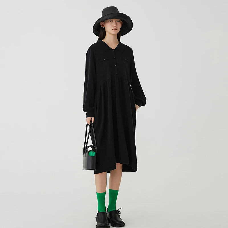 AUM/噢姆裙子春夏长袖休闲女气质小黑裙时尚宽松连衣裙M1CX4L30M