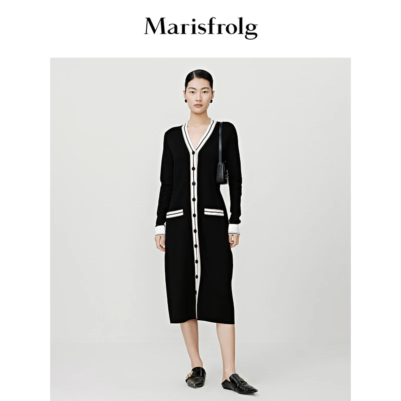 Marisfrolg玛丝菲尔连气质条纹拼接秋季长袖长裙连衣裙A1CX3830M