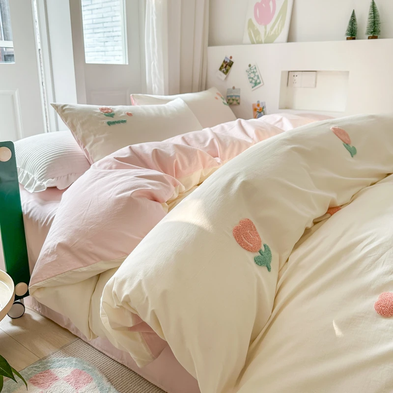 幸会 奶油风ins水洗棉纯棉床上四件套全棉床品被套宿舍床单三件套