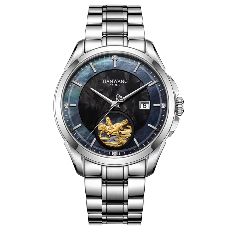 天王表传奇系列男士轻奢手表时尚通勤自动机械国表黑面镶嵌18K金
