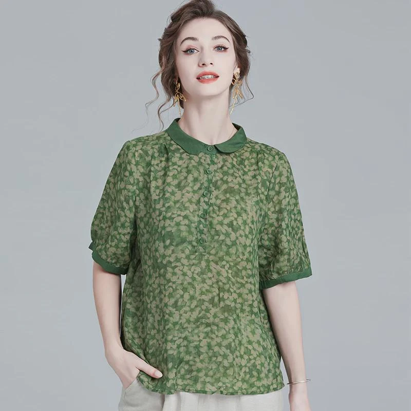绿色五分袖遮肚子苎麻上衣女2024夏季女装大码复古风减龄碎花衬衫