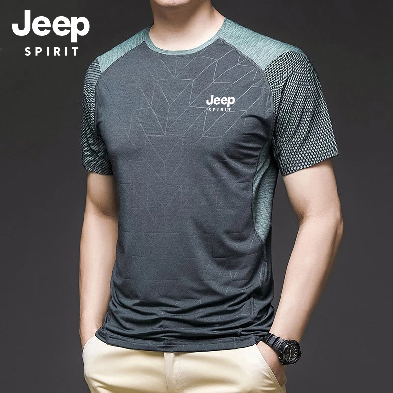 JEEP夏季男士冰丝透气圆领短袖户外运动透气弹力健身跑步半袖上衣