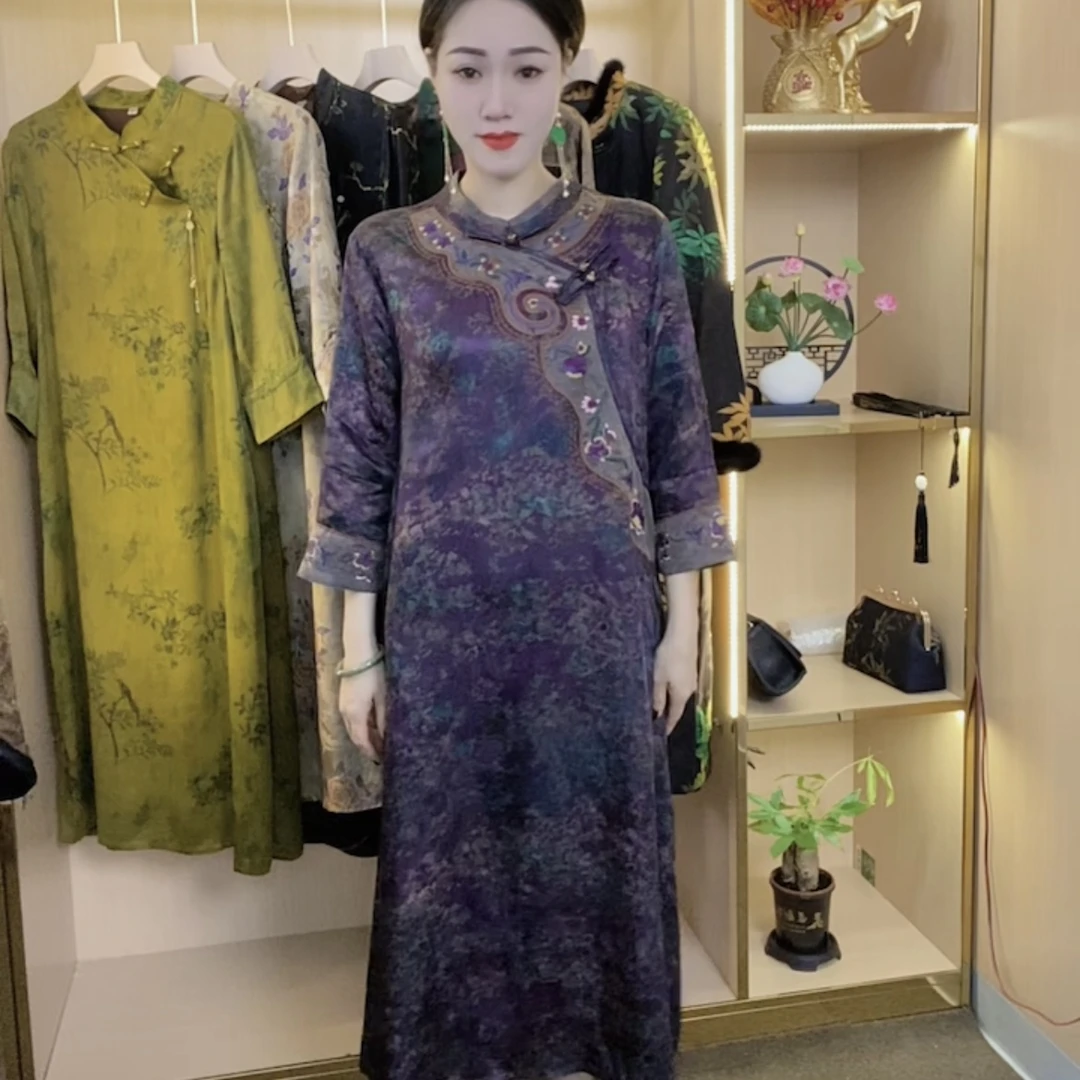 江南鑫雅阁【紫如意】 新款重工刺绣改良旗袍时尚显瘦妈妈装连衣裙