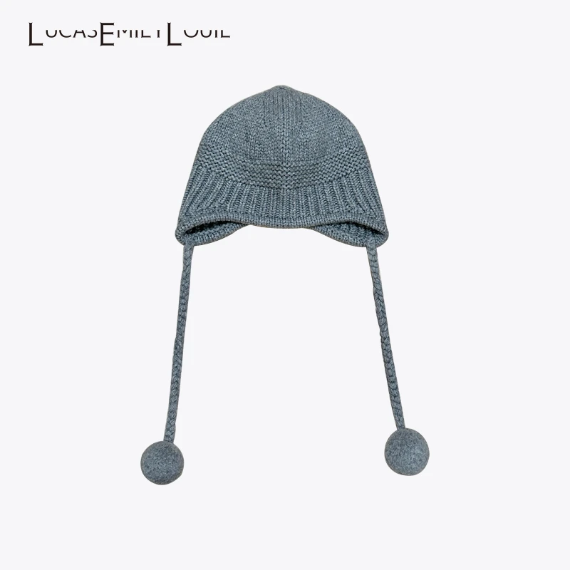 LUCASEMILYLOUIE 羊毛羊绒混纺毛线帽护耳包头球球针织帽2310133