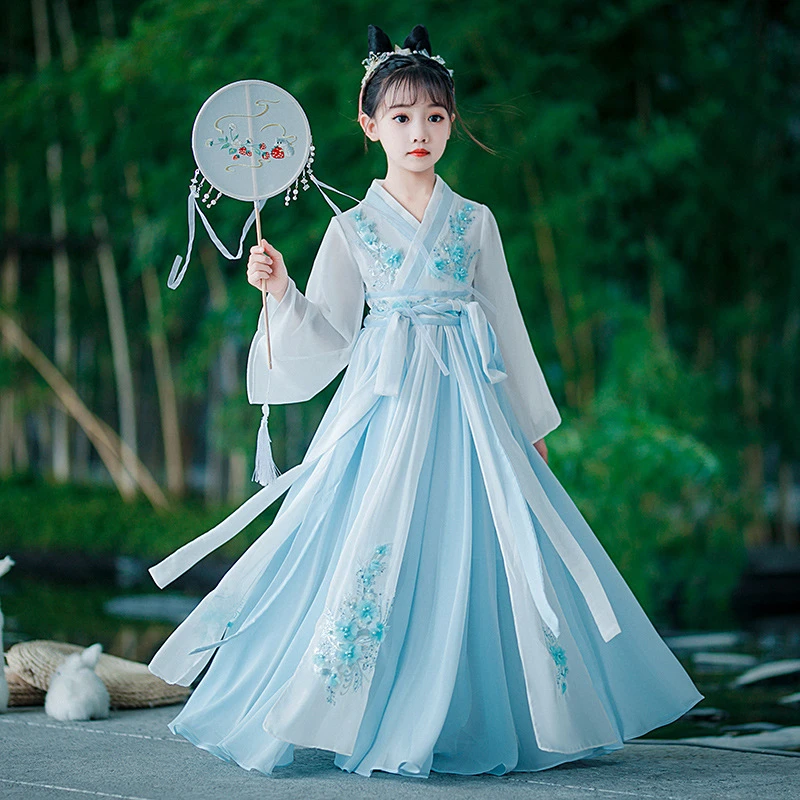 蓝色裙子大童高端2023新款儿童汉服唐装爆款马面国风儿童汉服秋冬