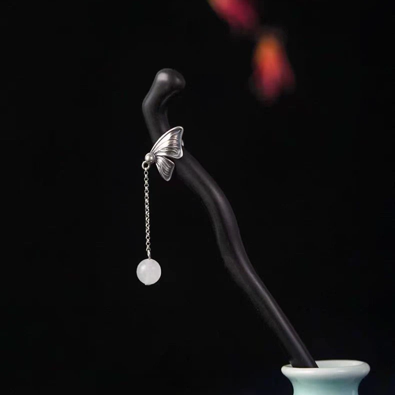 中式蝴蝶落下2024新中式古典黑色古风发簪高级感流苏蝴蝶步摇发簪