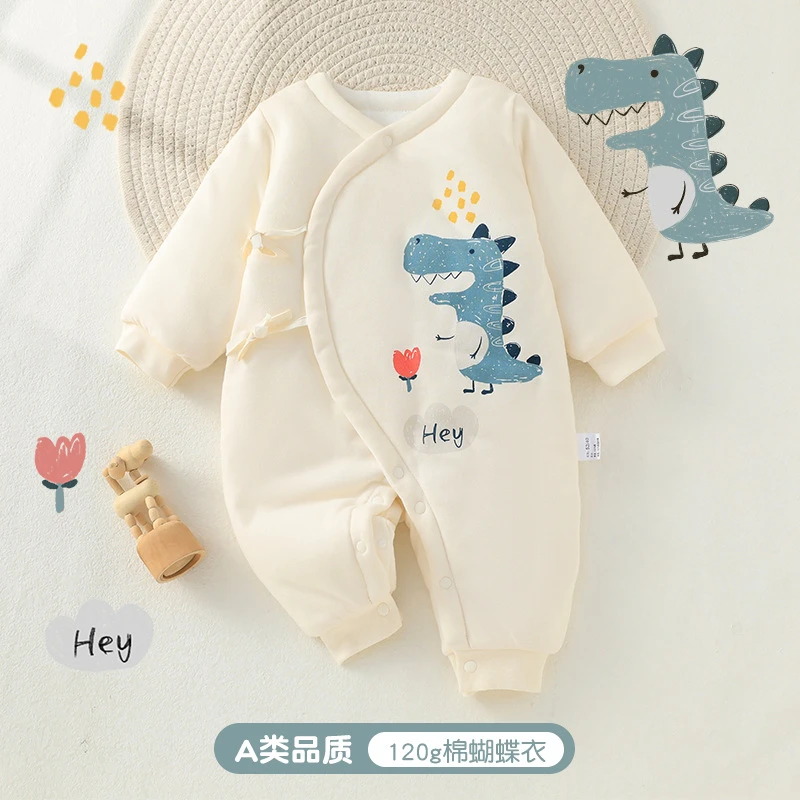 2023年婴儿秋冬衣服卡通恐龙三层夹棉男宝宝连体衣a类新生儿棉服