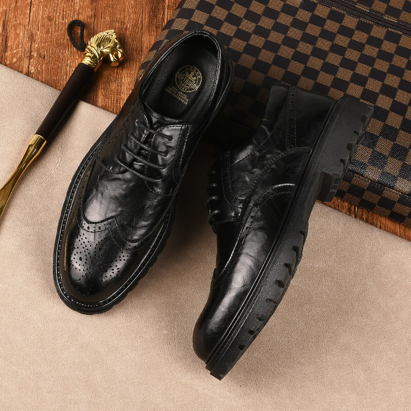 1707皮鞋男新款英伦百搭时尚男士休闲布洛克雕花通勤上班增高鞋子