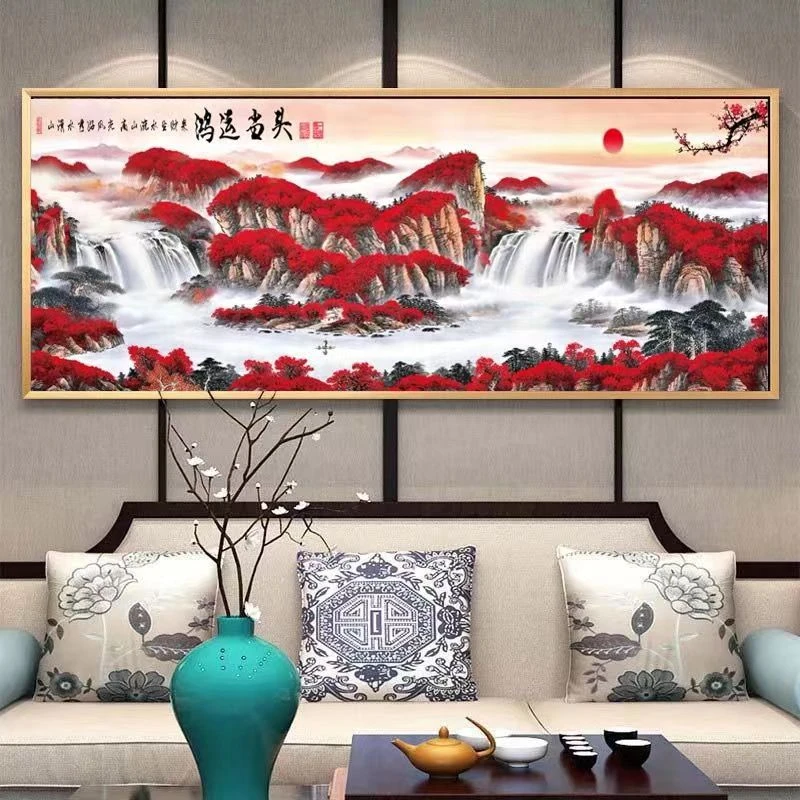 十字绣【鸿运当头】新款大格满绣无勾边大气客厅山水装饰画棉线绣
